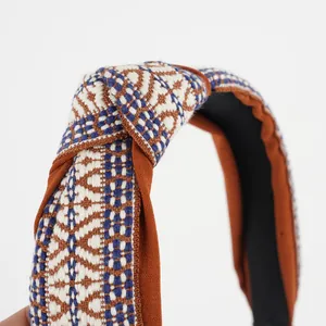 Macro detail of vintage embroidered knot headband with blue and white geometric patterns