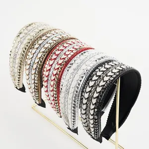 Serre-tête Large Tissé Ethnique Vintage Strass Rivets Carrés Bohème Rembourré Bandeau Cheveux Femme Accessoires Cheveux Fête