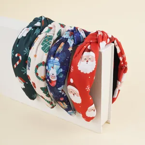 Serre-tête Large Noué de Noël pour Femmes Filles Imprimé Père Noël Flocon de Neige Tissu Bandeau Cheveux Décoration de Fête