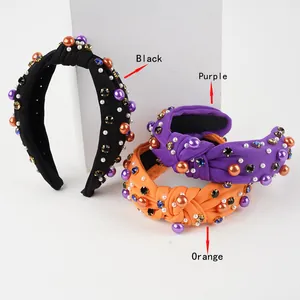 Vintage Halloween Knotted Headband For Women Glitter Rhinestone Faux Artificial Pearl Fabric Hair Band Party Headpiece Accessory