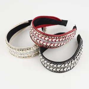 Lot de 3 serre-têtes tressés rétro avec strass et rivets métalliques en noir rouge blanc
