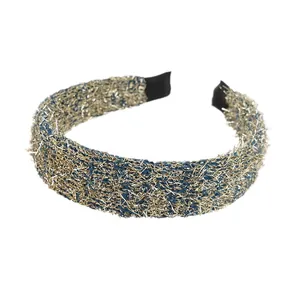 Sparkling blue knitted wide headband with gold metallic glitter yarn finish