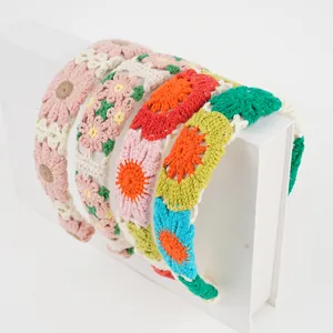Women Handmade Crochet Flower Hairband Bohemian Wool Knit Hair Hoop Sweet Floral Headband For Vacation Daily Accessory