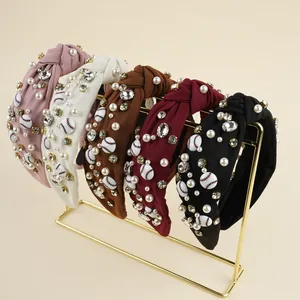 Women's Sports Style Knotted Fabric Headband With Baseball Pattern Artificial Pearl Rhinestone Decoration Fashion Hair Accessory