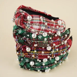 Four sets of Christmas plaid knotted headbands with pearls and rhinestone snowflakes