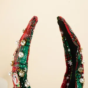 Christmas headband with red green plaid fabric, pearls, rhinestones and Santa charms