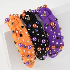 Knotted Halloween headbands with pearls and colorful rhinestones in orange black and purple