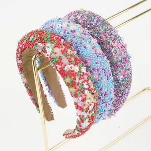 Handmade beaded padded headband with colorful sequins and anti-slip velvet lining
