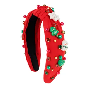 Serre-tête de Noël rouge noué avec perles, strass, bonhommes de neige et sapins