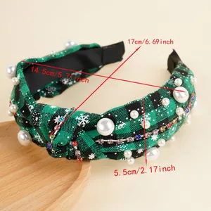 Detailed size specifications of a Christmas plaid knotted headband with pearls and snowflakes