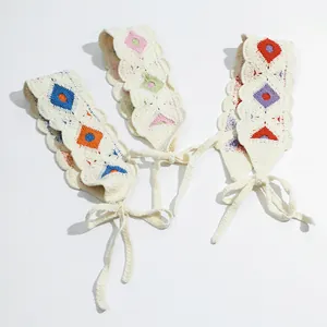 Boho hand-knit wide headbands with colorful geometric patterns and scalloped edges