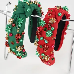 Christmas Beaded Knotted Wide Headband Rhinestone Faux Artificial Pearl Hair Hoop Festive Bow Accessories For Women New Year Gift