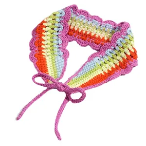 Colorful striped crochet bandana with wavy lace edges and purple bow strap