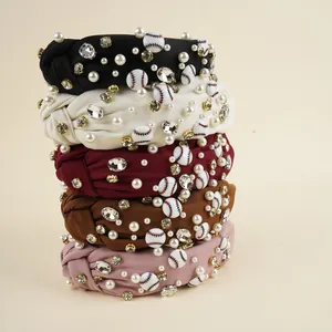 Set of five knotted sports headbands with pearls, rhinestones, and baseball charms