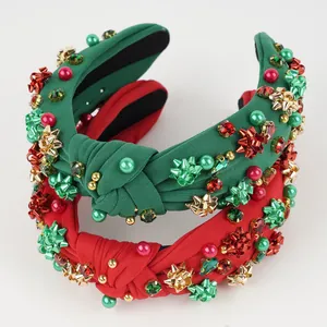 Christmas knotted headband set with festive pearls and rhinestones in red and green
