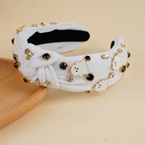 Detailaufnahme Halloween Knoten Stirnband mit glitzernden Strasssteinen und Geistern