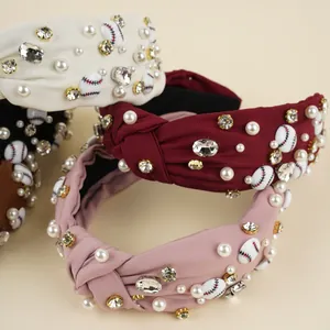 Detail of beaded baseball headband with faux pearls, rhinestones and knotted fabric design