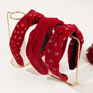 Red Velvet Knotted Headband For Women Vintage Festive Heart Bow Pattern Wide Hairband Hair Accessories New Year Gift