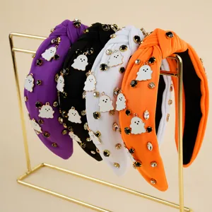 Halloween Geknotetes Stirnband Für Damen Glitzer Strass Geist Anhänger Mode Haarband Party Haarschmuck Kopfschmuck