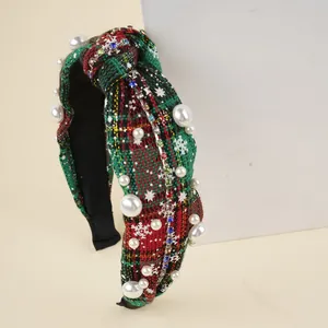 Christmas plaid headband with white snowflakes, pearls and colorful rhinestones