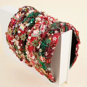 Christmas Wide Knot Headband With Artificial Pearls Rhinestones Fabric Plaid Hair Band For Women Festive Holiday Party Hair Accessories