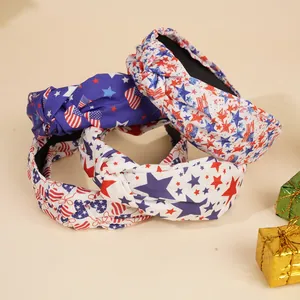 Serre-têtes avec Nœud Drapeau Américain Jour Indépendance Étoiles Cœurs Imprimé Rayé Bandeaux en Tissu pour Femme Accessoires Cheveux Party
