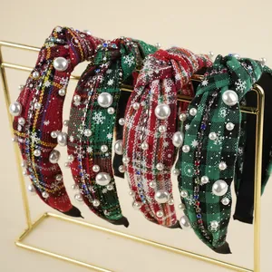 Christmas Plaid Knotted Headband Rhinestone Snowflake Artificial Pearl Hair Band For Women Winter Holiday Festive Hair Accessories