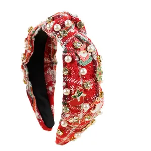 Red plaid Christmas headband with pearls, rhinestones and Santa charms for women