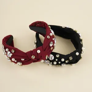 Knotted beaded headbands with pearls and baseball charms in burgundy and black fabric