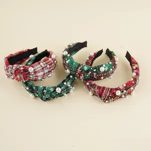 Plaid knitted Christmas headbands set with pearls and snowflake embroidery