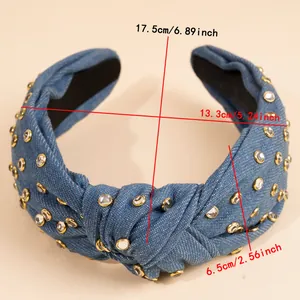 Blue denim headband with rhinestones and knot design showing dimensions 17.5x13.3x6.5cm