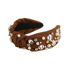 Brown knotted headband with faux pearls, rhinestones and baseball beads for sports lovers
