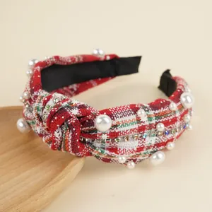 Plaid Christmas headband with white pearls and sparkling rhinestones on fabric knot