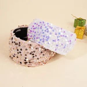Fashionable sequin wide headband set in pink and iridescent white with velvet lining