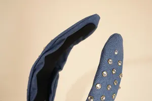 Detail of blue denim headband with crystal rhinestones and non-slip inner lining