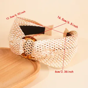 Detail view of wide bohemian raffia headband with dimensions and amber buckle decoration