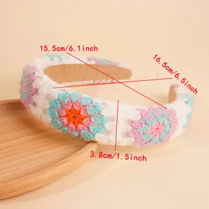 Detailed dimensions of the crochet floral headband showing width and diameter measurements
