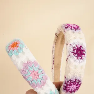 Colorful floral knit headband with bohemian thick sponge padding and non-slip lining