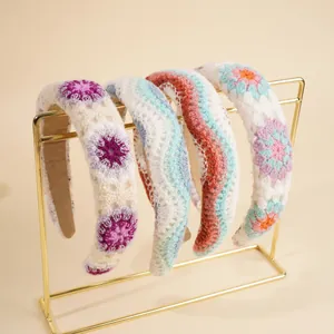 Bohemian Handmade Crochet Knitted Padded Headband For Women Ethnic Flower Wave Pattern Soft Yarn Sponge Wide Hair Band