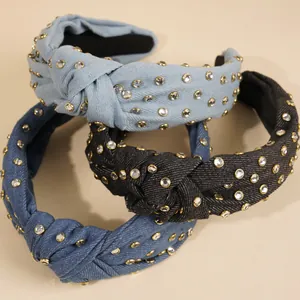 Vintage Denim Knotted Headband For Women With Rhinestone Embellishment Retro Fashion Wide Hair Band Styling Accessory