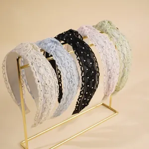 Vrouwen Boheems Kant Geborduurd Bloemen Haarband Strass Antislip Gedraaide Knoop Brede Haarklem Mode Haaraccessoires