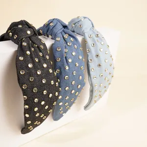 Knotted denim headbands with sparkling rhinestones in black, dark blue and light blue