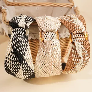Bohemian style wide braided headband set with resin rings in black, beige and brown