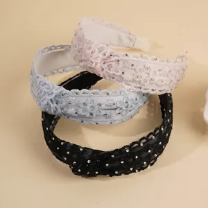Set van 3 kanten haarranden met knoop en strass in roze, lichtblauw en zwart