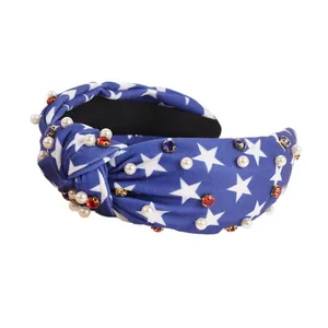Knot headband with blue stars, pearls and rhinestones for Independence Day celebrations