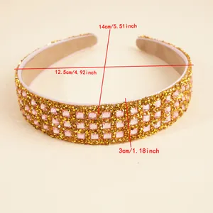 Detailed view of pink rhinestone headband with 3cm width and dimensions measurements