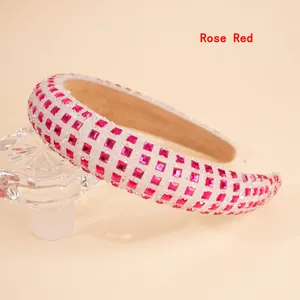 Detail of rose red square rhinestones on wide sponge headband with silver glitter texture