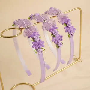 Set of 3 sweet purple floral headbands for girls featuring lace butterflies and roses