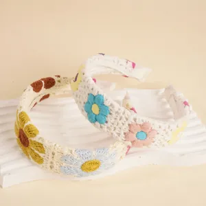 Boho Handgefertigter Gestrickter Blumen Haarreif Süßer Hohl Gehäkelter Breiter Haarschmuck Für Damen Täglich Mode