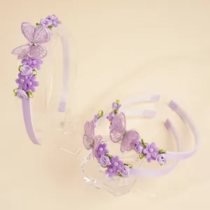 Sweet Purple Butterfly Flower Headband For Girls Non-Slip Hair Band With Teeth Fabric Rose Lace Butterfly Rhinestone Pearl Hair Accessories